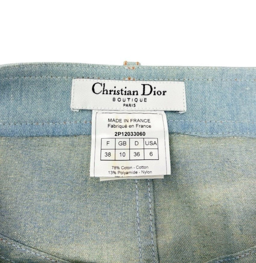 Christian Dior Vintage 2002 Glitter Denim Skirt Ice Cream Print #38 Blue Cotton