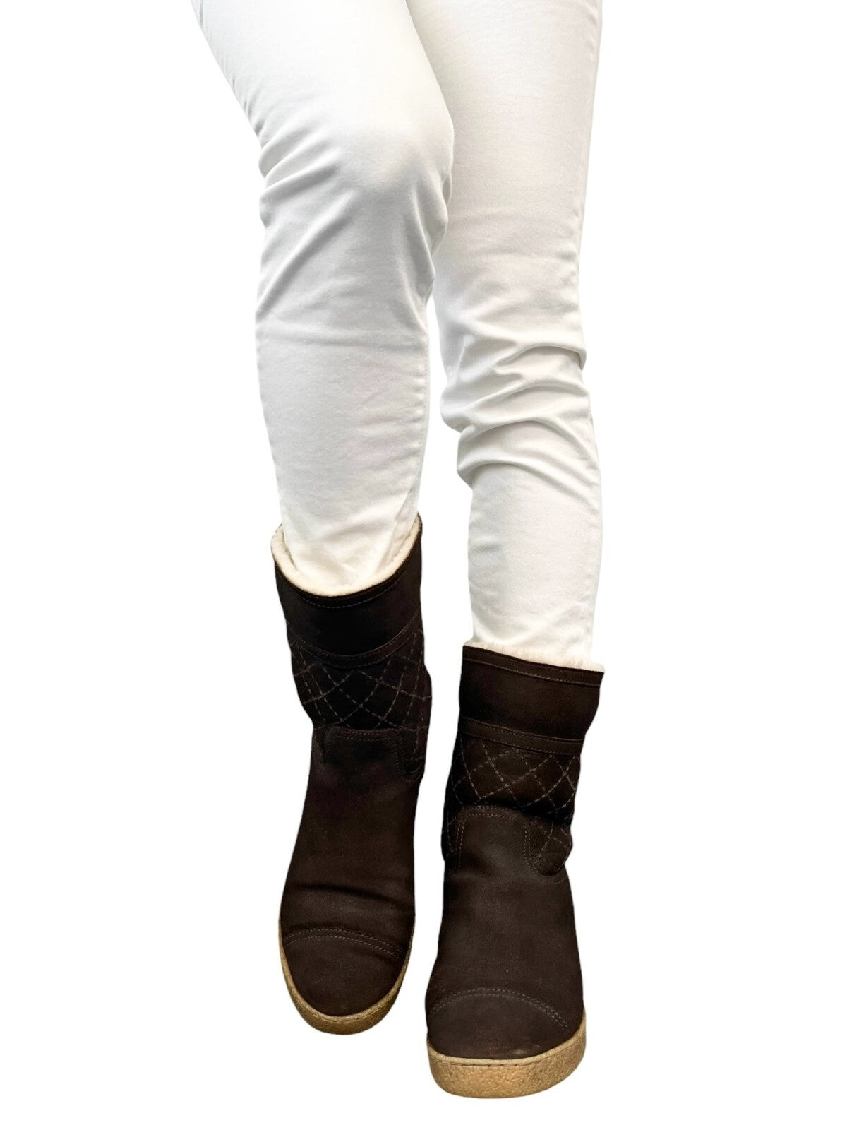 CHANEL Vintage CC Mark Logo Mid Calf Boots #39.5 Stitch Dark Brown Cream Suede
