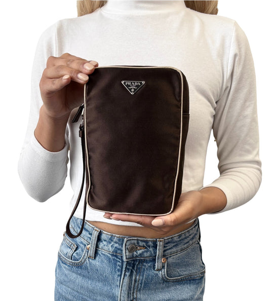 PRADA Vintage Triangle Logo Satin Wristlet Clutch Bag Brown Beige Pouch