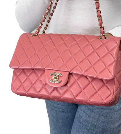 CHANEL Vintage CC Logo Quilted Double Chain 2way Bag Pink Gold Leather 902959