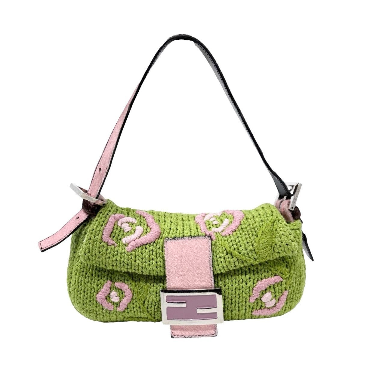 FENDI Vintage FF Mamma Baguette Crochet Shoulder Bag Flower Green Pink Wool
