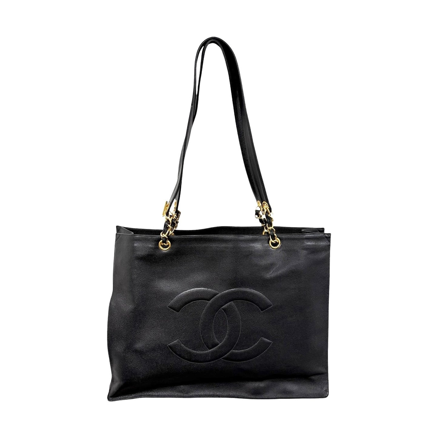 CHANEL Vintage Bic CC Logo Chain Shoulder Tote Bag Black Gold Leather 902079