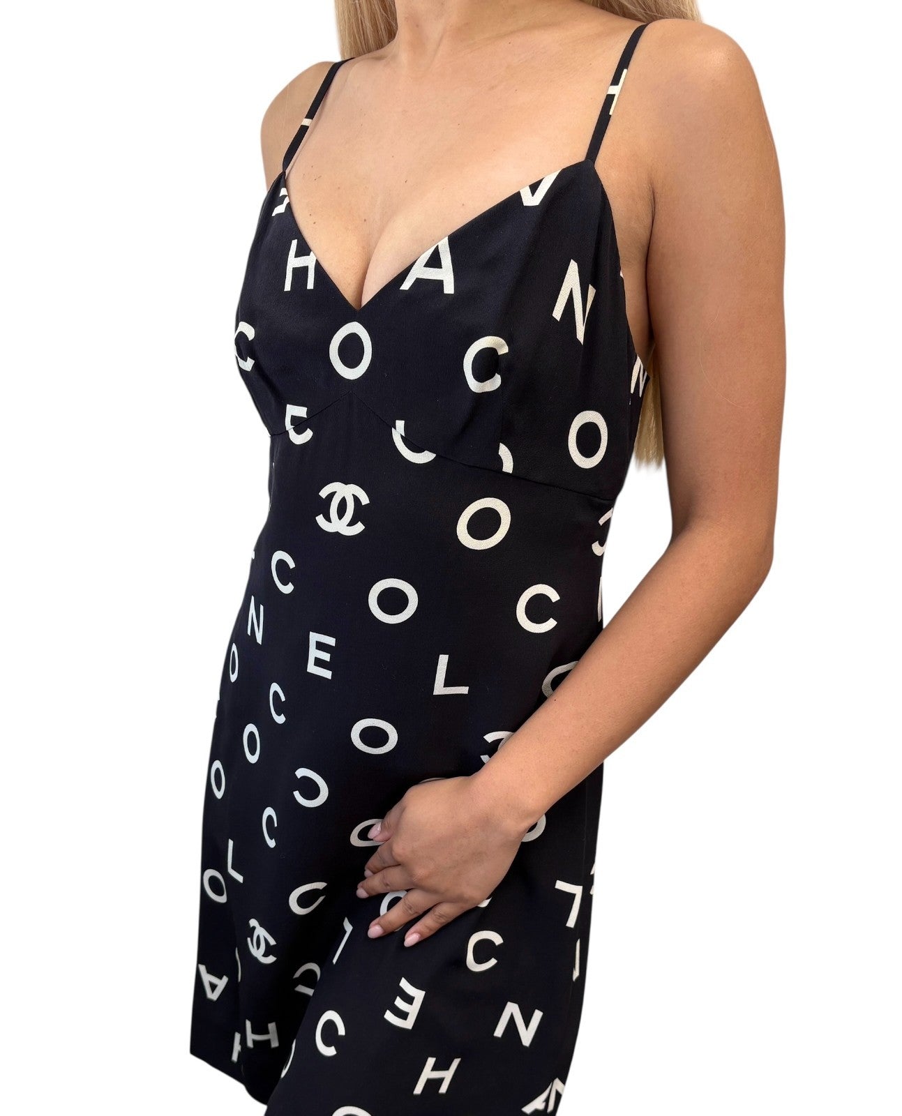 CHANEL Vintage 97P CC Logo Print Silk Camisole Slip Dress #40 Black White