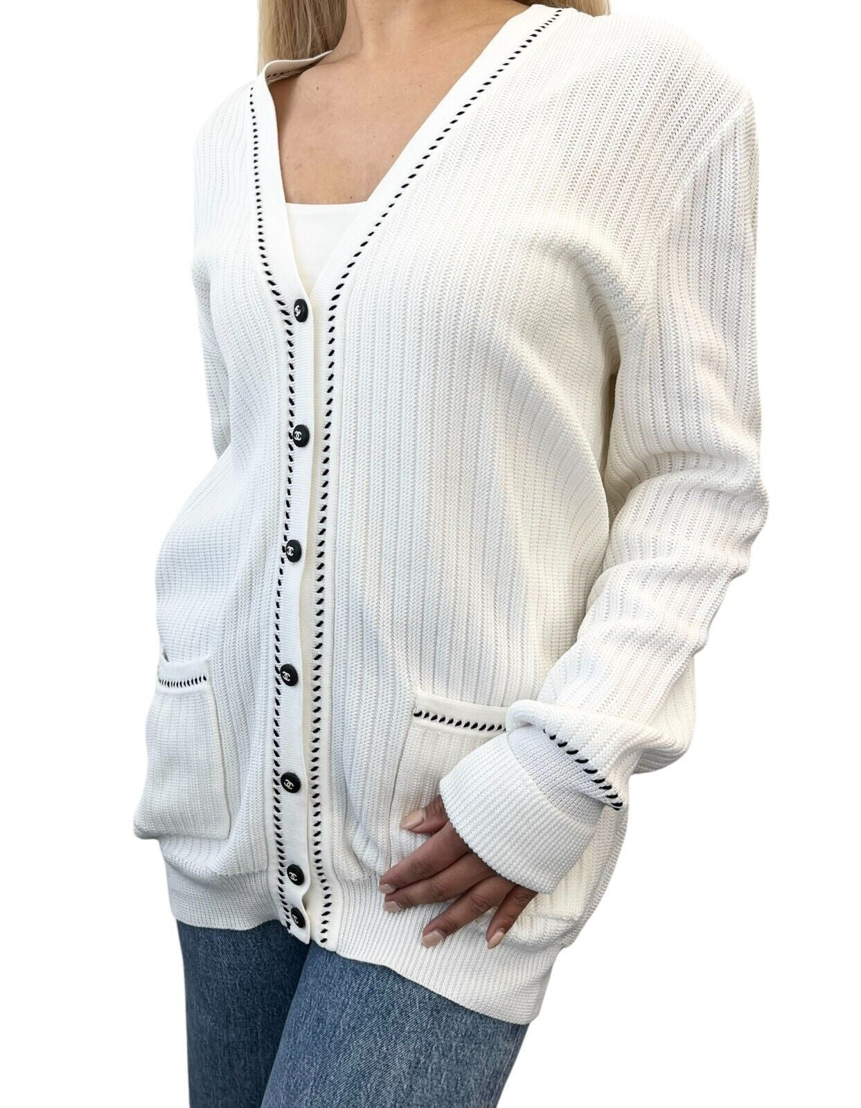 CHANEL Vintage 96P CC Logo Cardigan Sweater Top #42 Button White Black Cotton