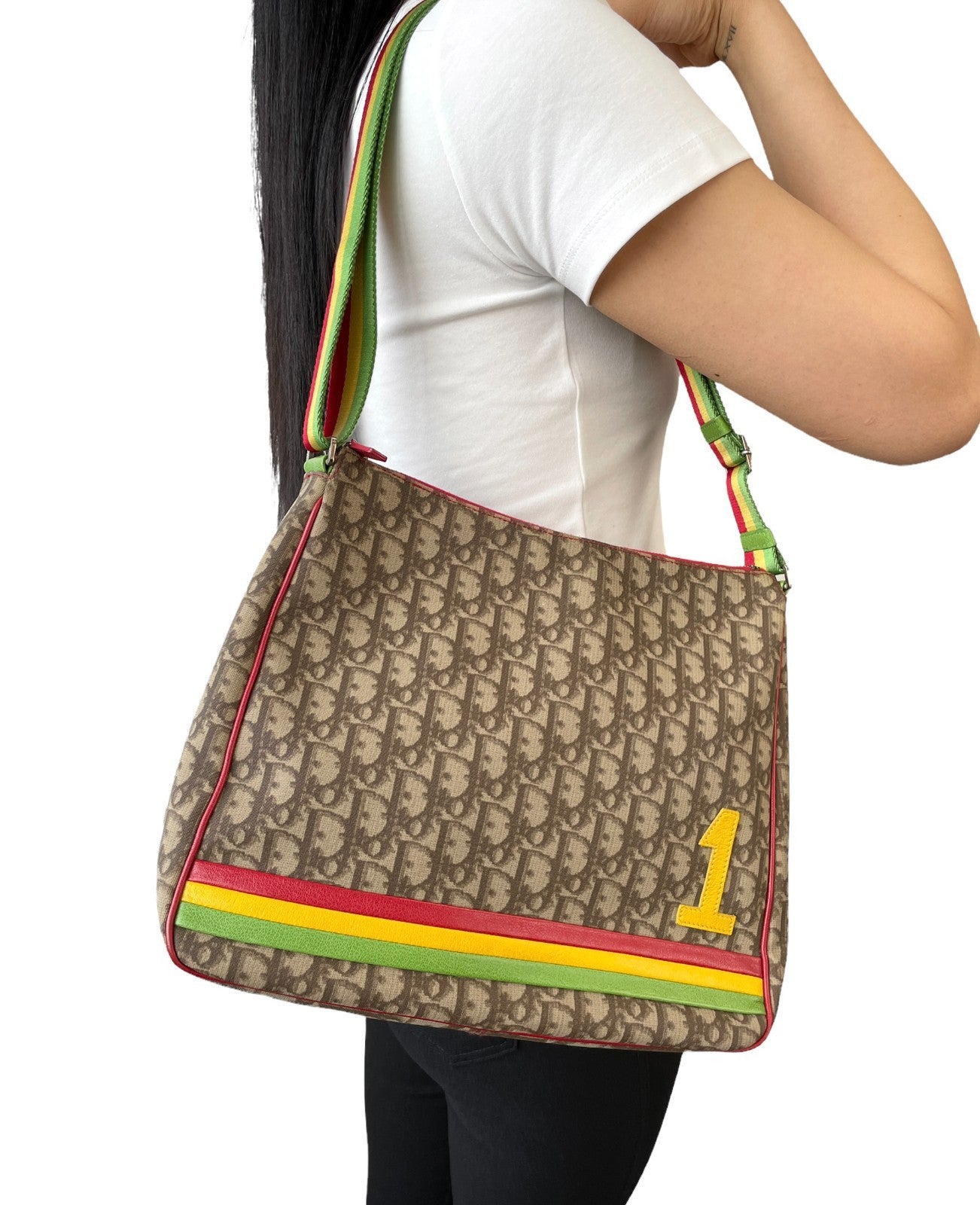 Christian Dior Vintage Rasta Trotter Monogram Crossbody Bag Beige PVC No