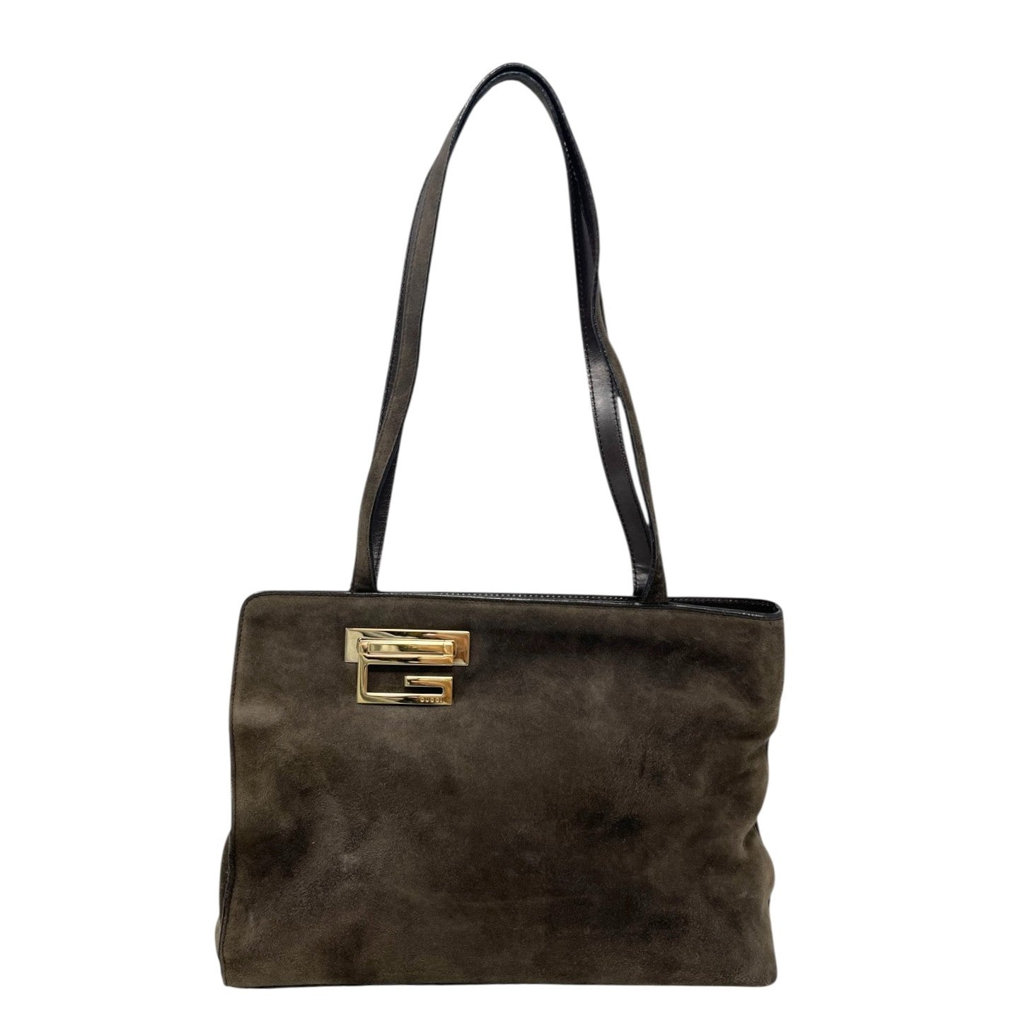 GUCCI Vintage G Square Logo Suede Shoulder Bag Tote Bag Brown Gold Leather