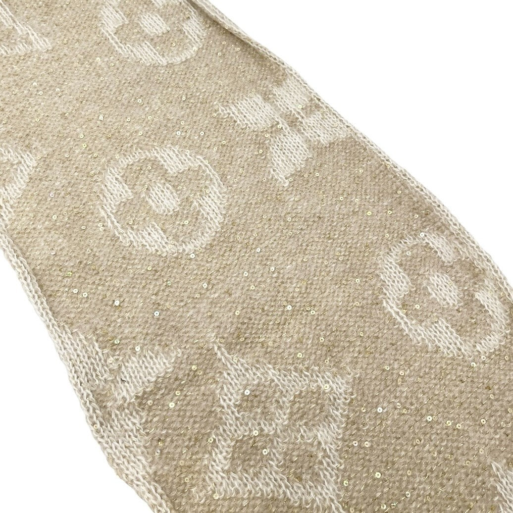 LOUIS VUITTON Vintage LV Monogram Logo Knit Sequins Scarf Shawl Beige Mohair