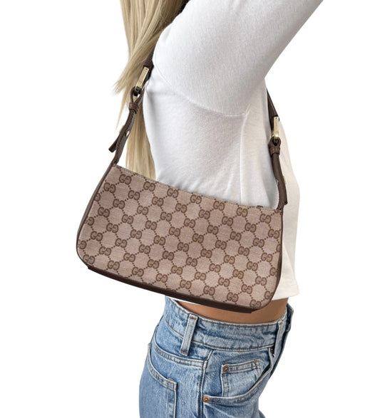 GUCCI Vintage GG Monogram Logo Canvas Shoulder Bag Leather Brown Gold 902399