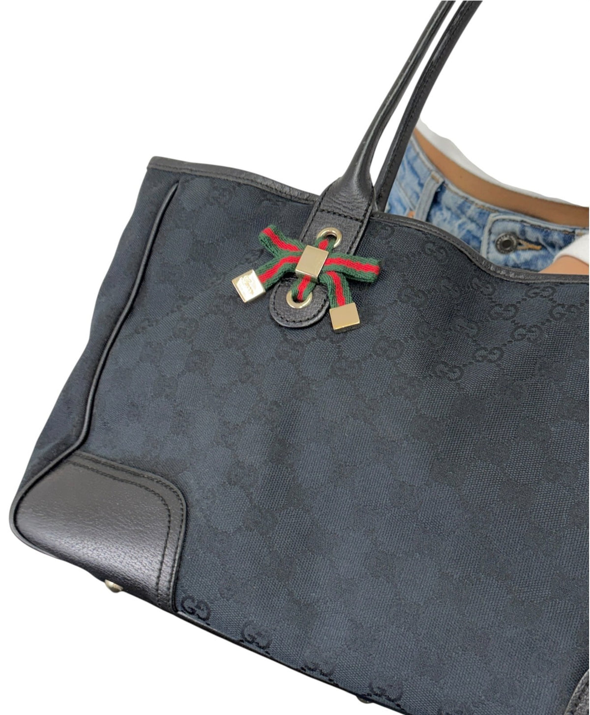 GUCCI Vintage GG Monogram Web Stripe Ribbon Tote Shoulder Bag Black 902464