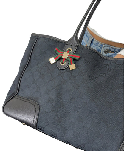 GUCCI Vintage GG Monogram Web Stripe Ribbon Tote Shoulder Bag Black 902464