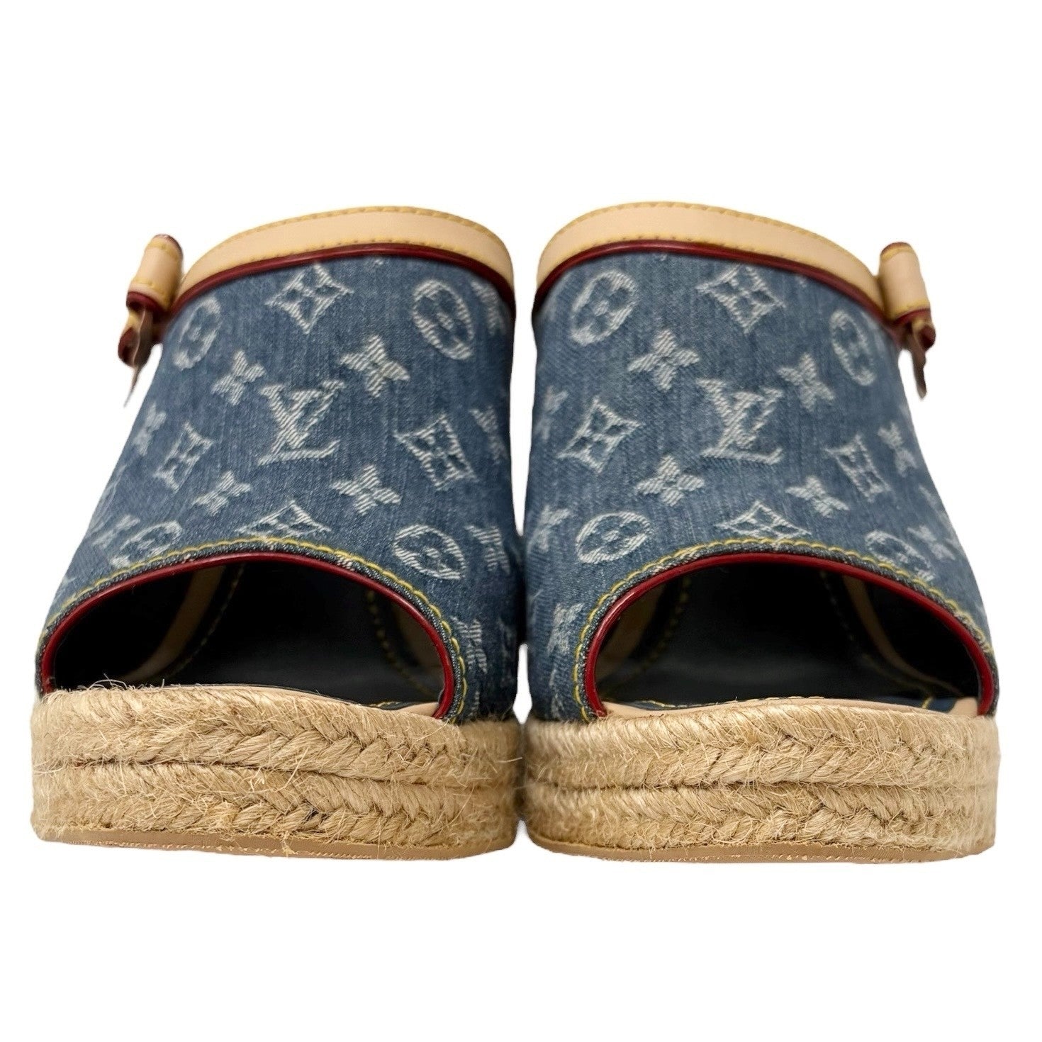 LOUIS VUITTON Vintage Monogram LV Logo Denim Sandals Heels #37.5 Blue Leather