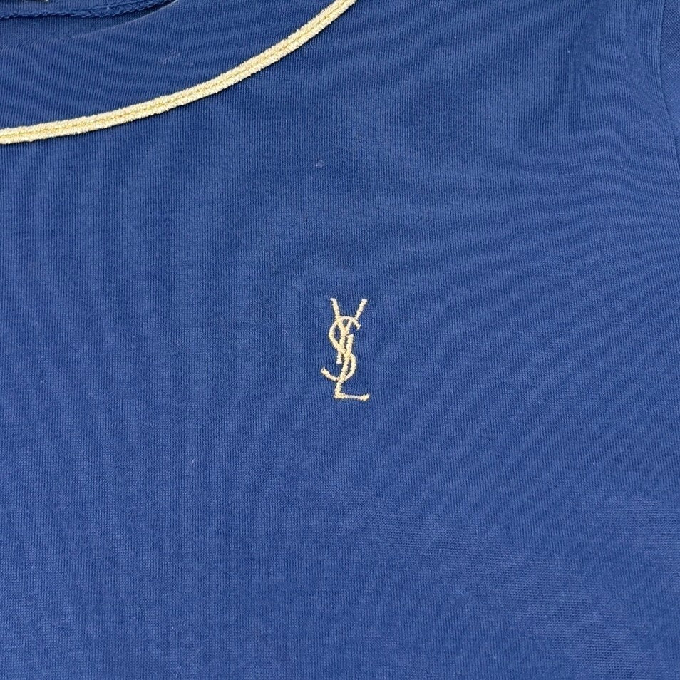 Yves Saint Laurent Vintage YSL Logo Top #M Pullover Dark Blue Gold Glitter