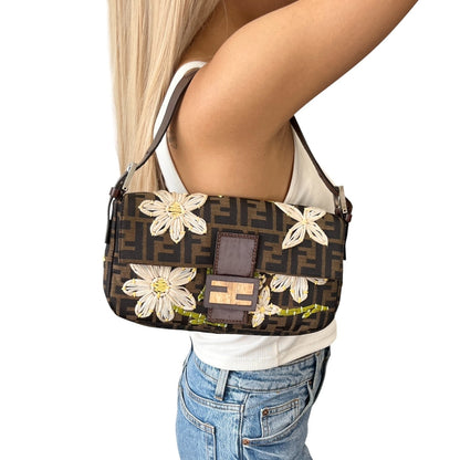 FENDI Vintage FF Zucca Mamma Baguette Shoulder Bag Flower Brown Canvas 902041