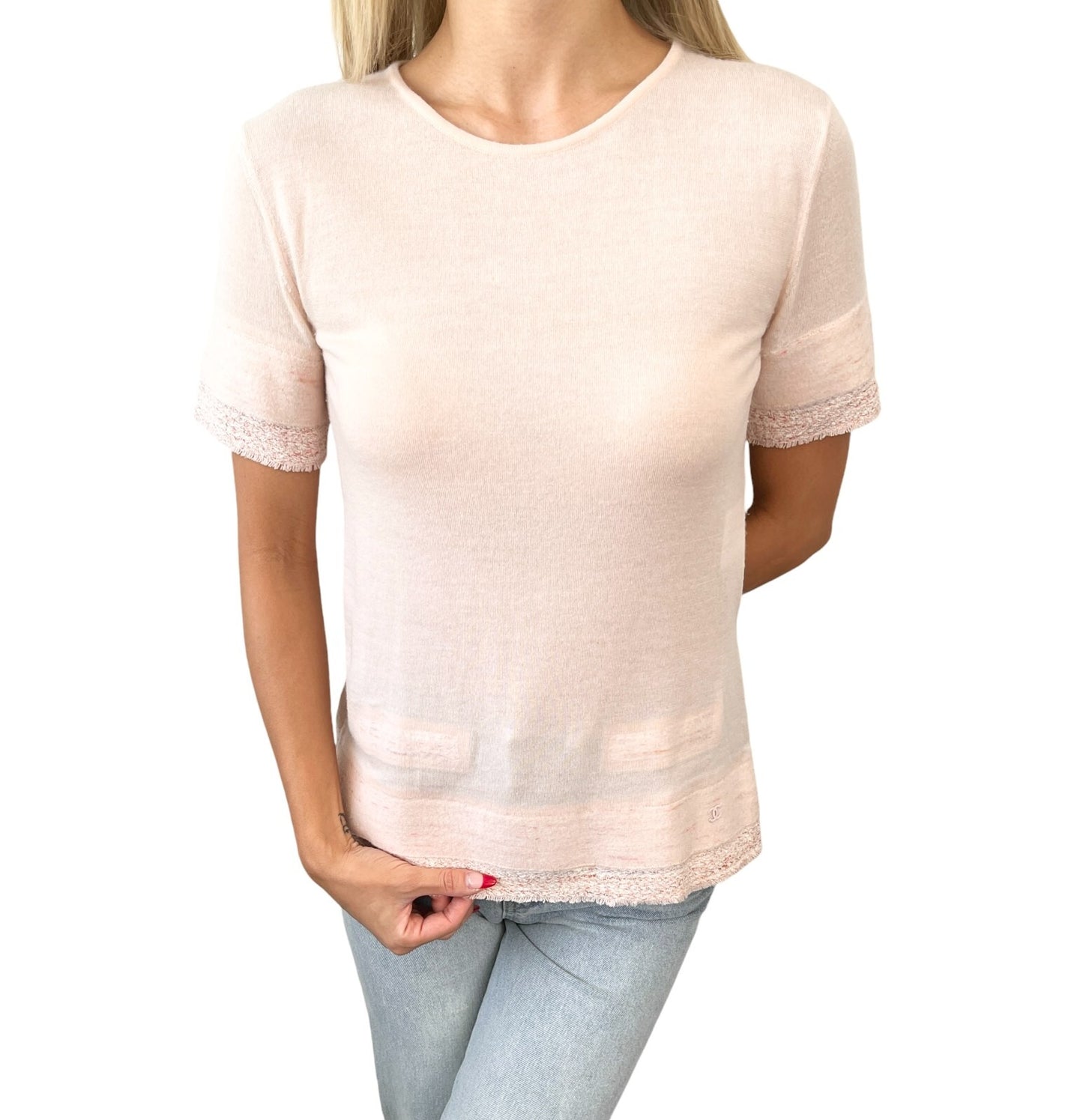CHANEL Vintage 05C CC Mark Logo Knit T-shirt Top #36 Pink Cashmere Tweed RankAB