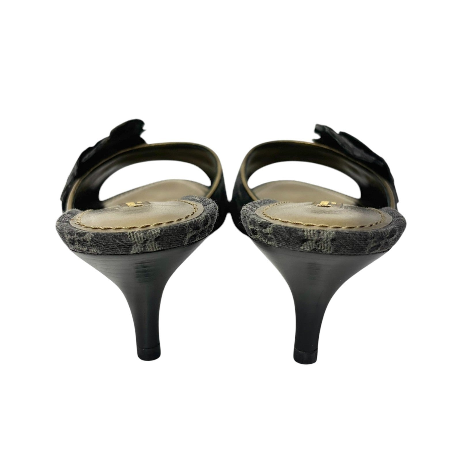 LOUIS VUITTON Vintage Monogram Denim Flower Sandals Heels #36 Black Open Toe
