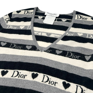 Christian Dior Vintage Logo Knit Top #42 Gray Black Heart Wool Stripe Rank B