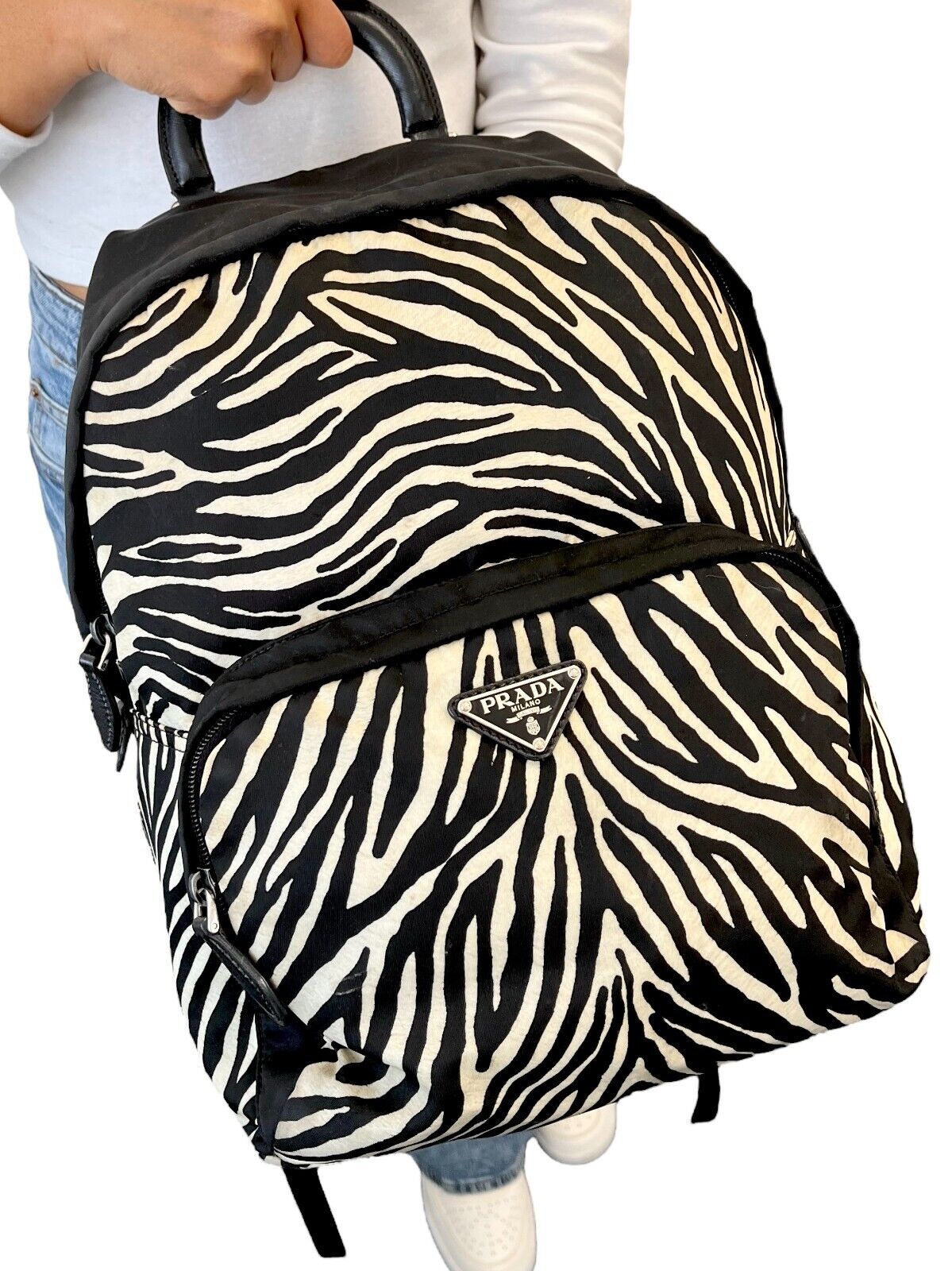 PRADA Vintage Logo Zebra Backpack Zip Mesh Black White Nylon Leather