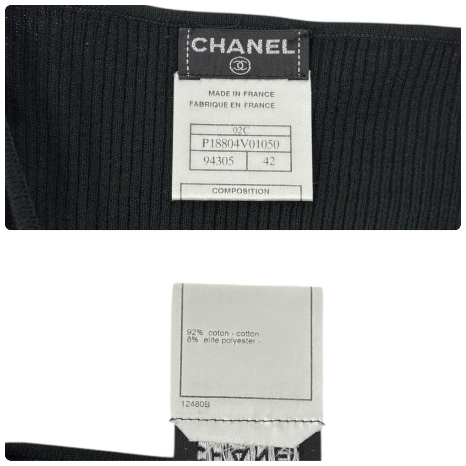 CHANEL Vintage 02C CC Logo Ribbed Camisole Top #42 Black Cotton Sleeveless