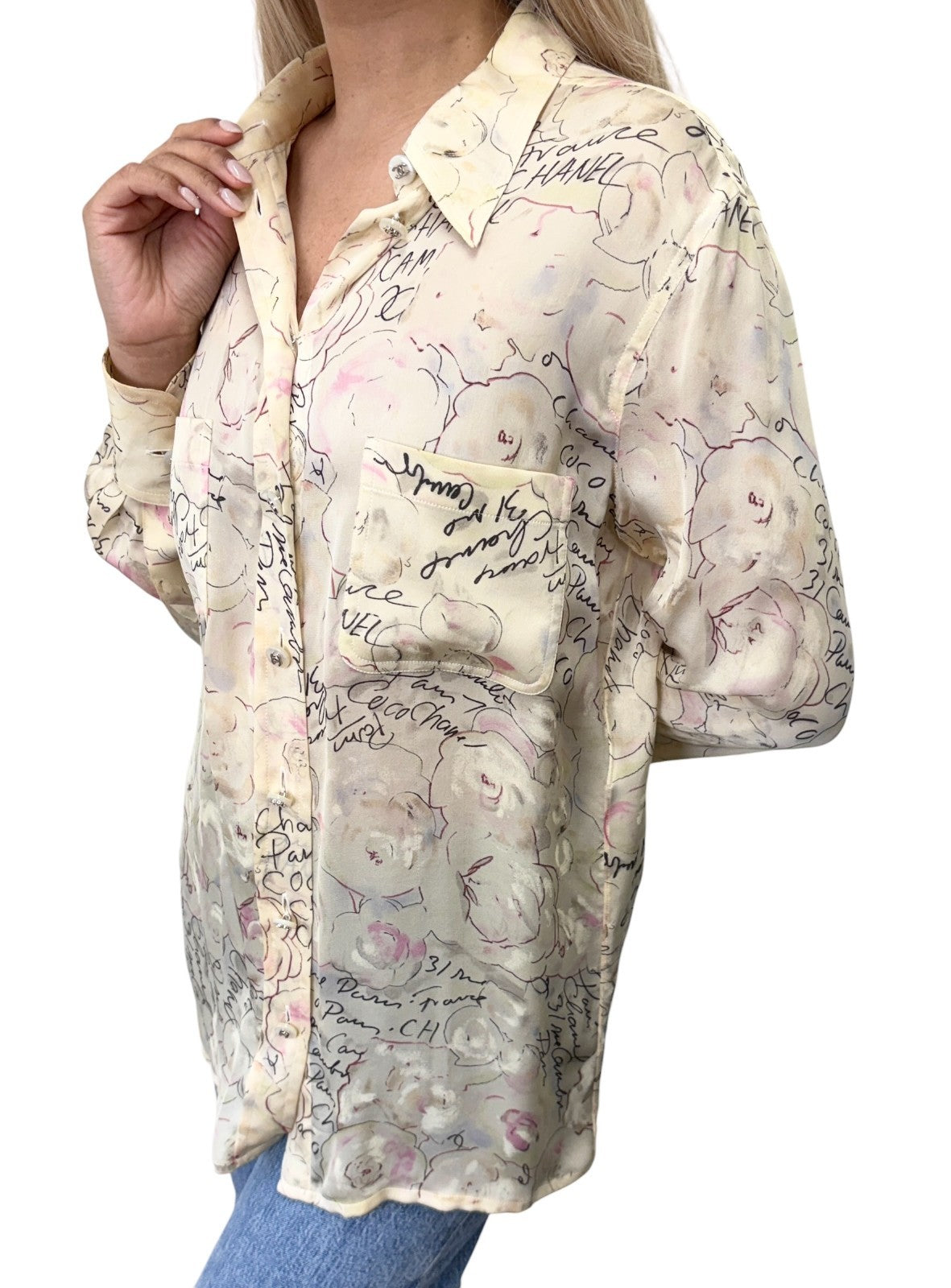 CHANEL Vintage 98C Coco Mark Logo Button Shirt Blouse Ivory Silk 901882