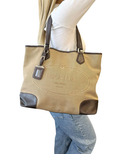 PRADA Vintage Jacquard Logo Tote Bag Brown Silver Canvas Leather 902047