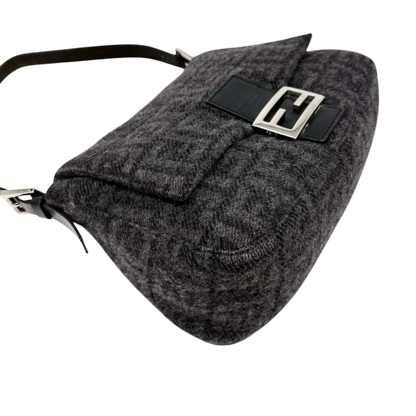 FENDI Vintage Zucca FF Logo Mamma Baguette Shoulder Bag Gray Black Wool