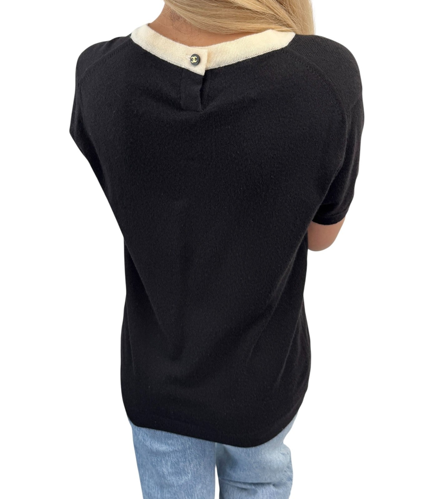 CHANEL Vintage 96A CC Logo Button Knit Top T-shirt #40 Black White Cashmere