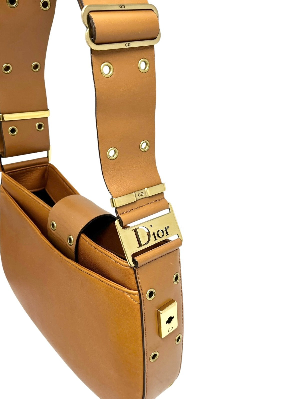 Christian Dior Vintage Logo Street Chic Shoulder Bag Brown Gold Leather