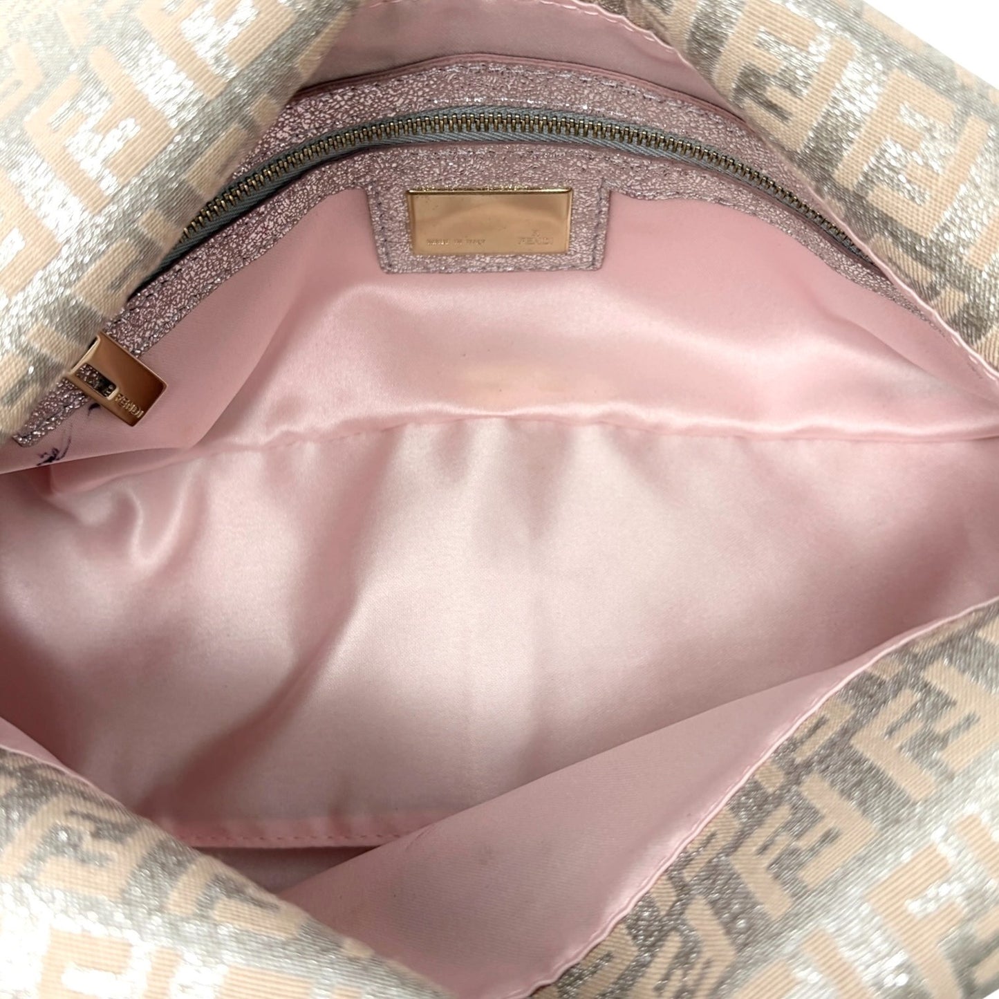 FENDI Vintage FF Logo Zucchino Mamma Baguette Glitter Shoulder Bag Pink 902262