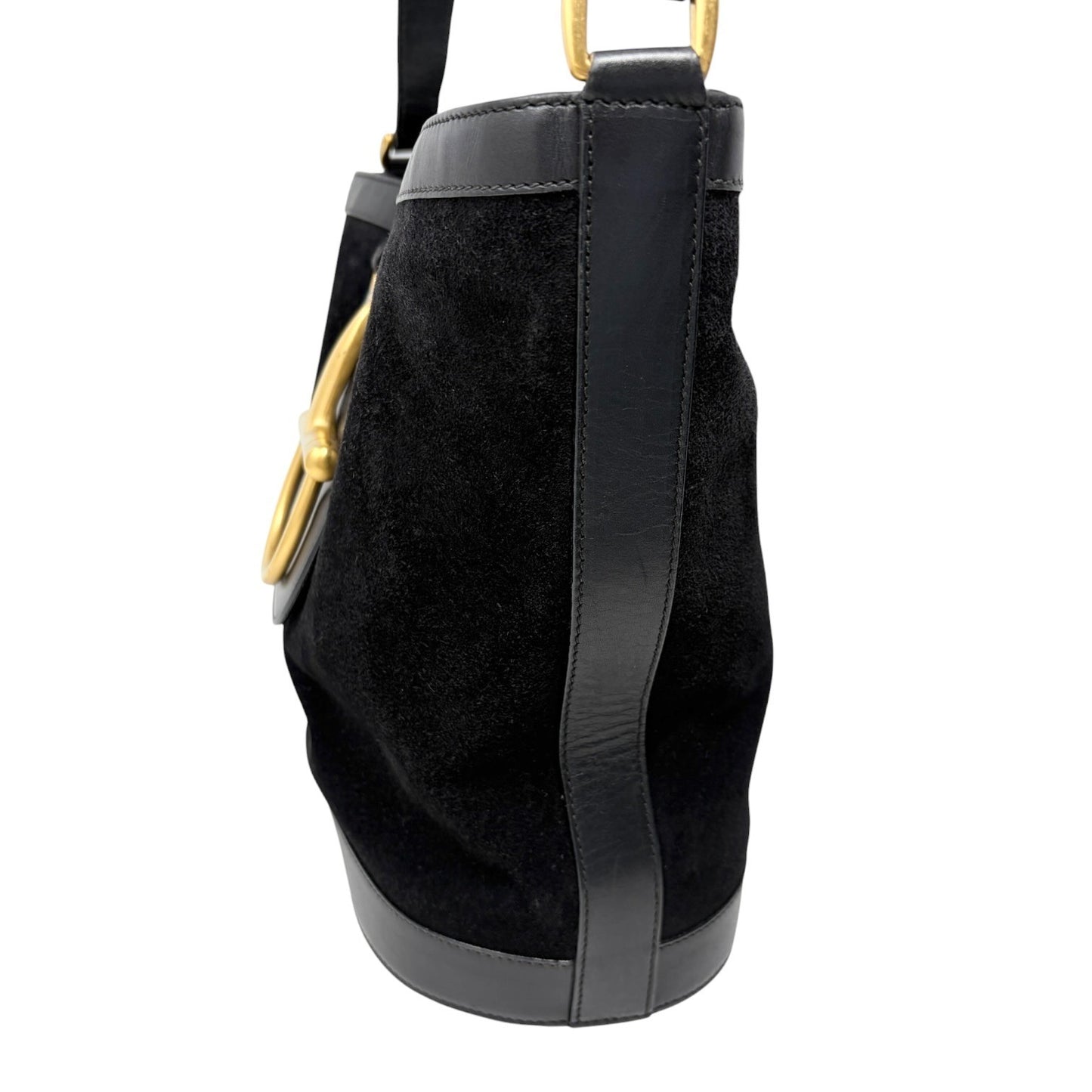 GUCCI Vintage Logo Horsebit Suede Bucket Shoulder Bag Black Gold 902395