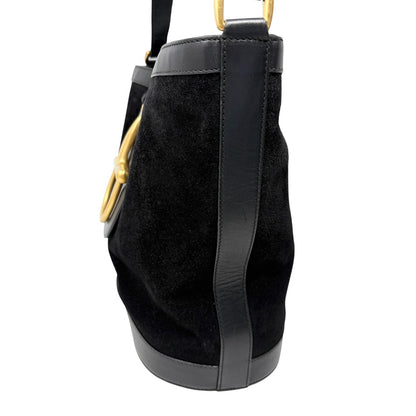 GUCCI Vintage Logo Horsebit Suede Bucket Shoulder Bag Black Gold 902395