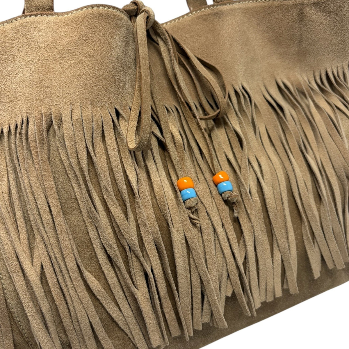 miu miu Vintage Fringe Ribbon Beads Top Handle Tote Bag Beige Suede 902477