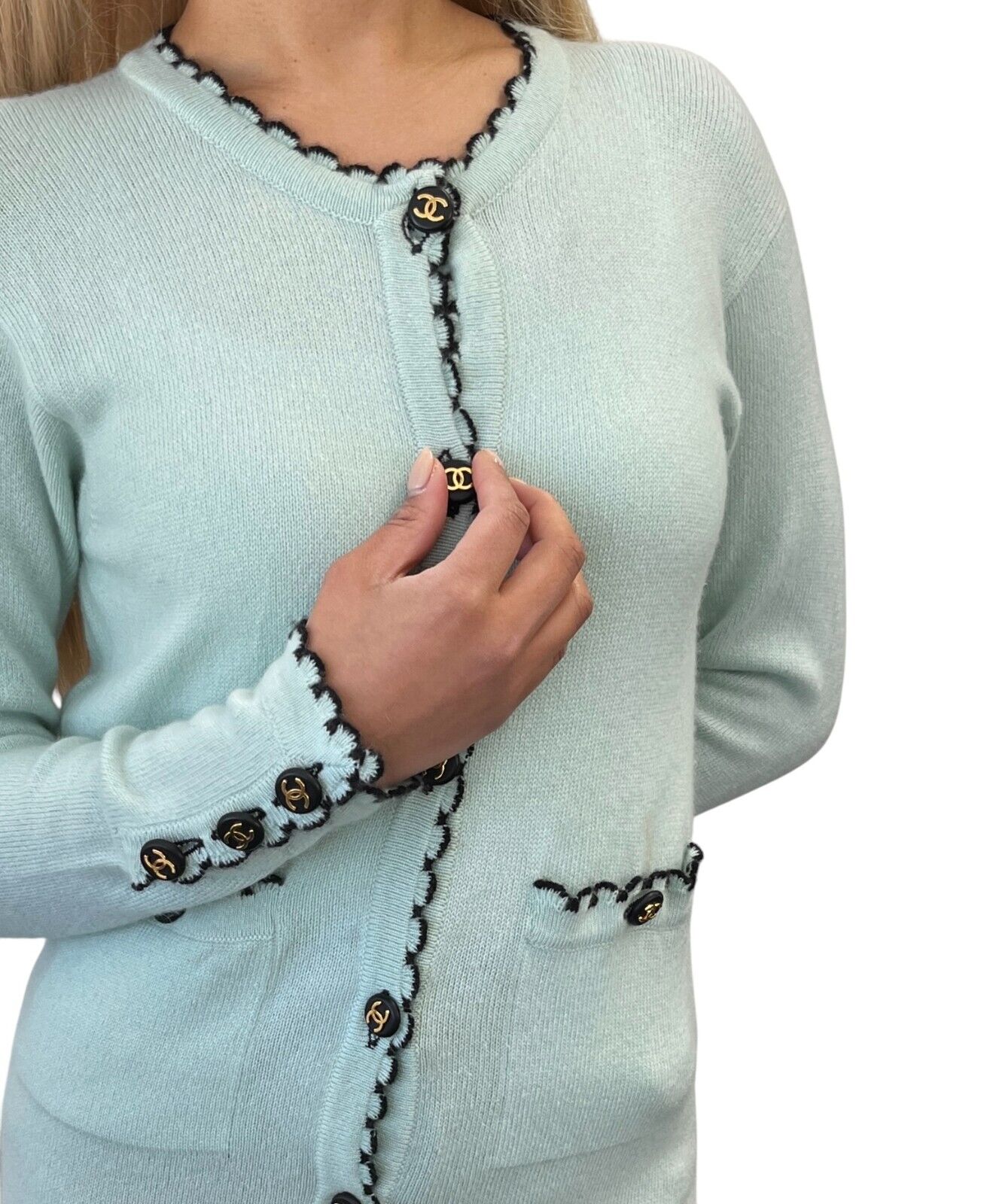 CHANEL Vintage 94C CC Logo Trimmed Cardigan Knit Top Light Green Cashmere