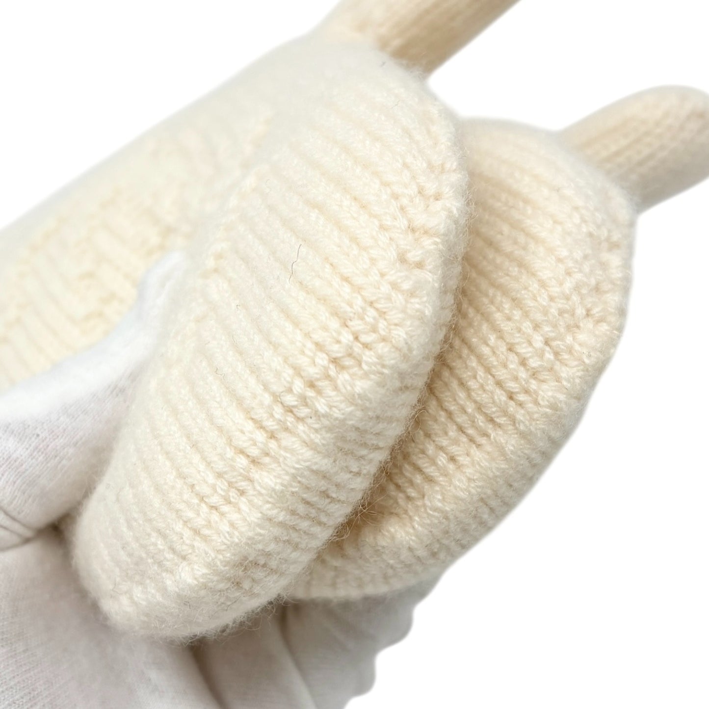 LOUIS VUITTON Vintage Cashmere Knit Gloves Mittens Mink Pompons Cream LV Logo