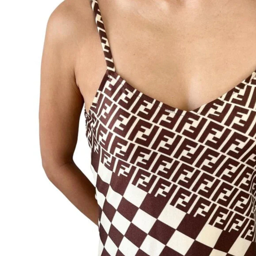 FENDI Vintage Zucca Monogram Camisole Dress One-piece #44 Brown Cream Nylon
