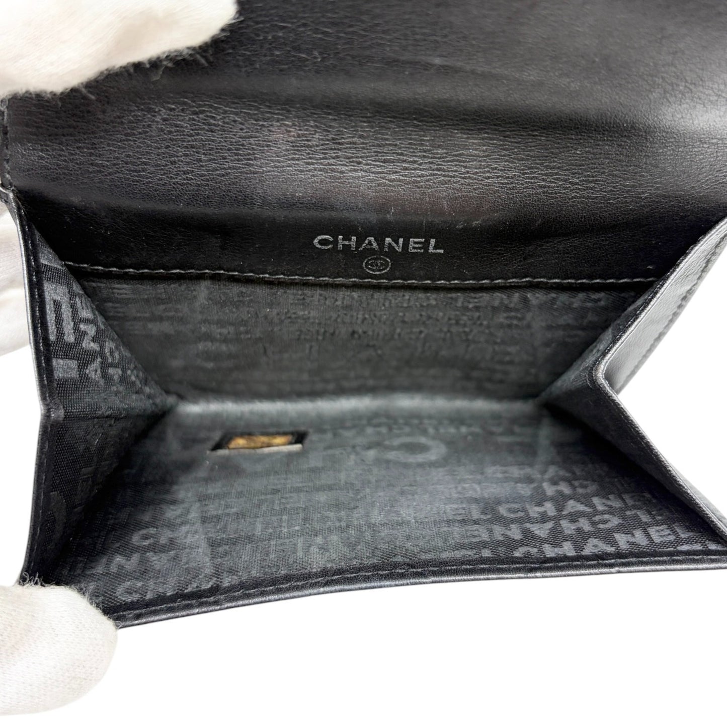 CHANEL Vintage Big Logo Quilted Wallet Leather Black Silver Purse 901816