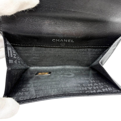CHANEL Vintage Big Logo Quilted Wallet Leather Black Silver Purse 901816