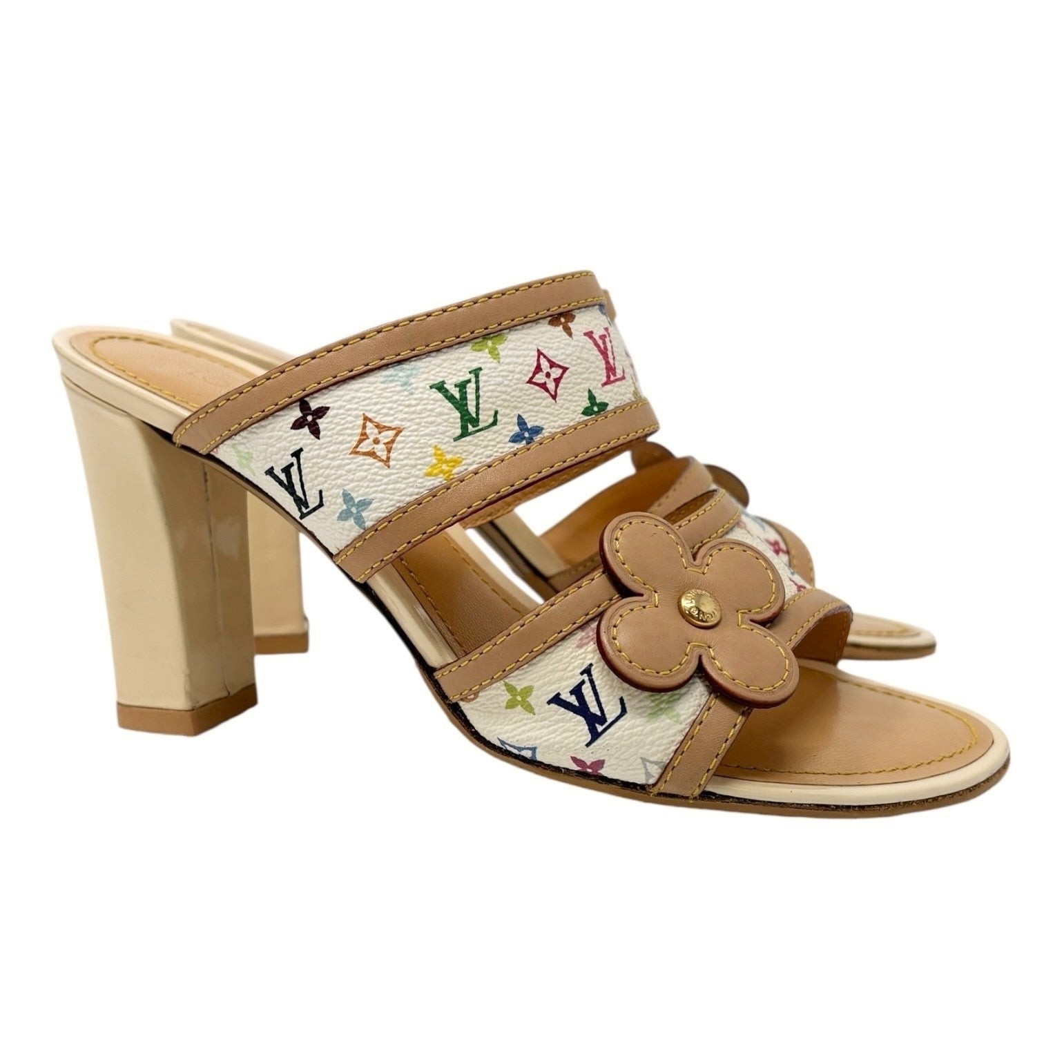 LOUIS VUITTON Vintage Monogram Multicolor Heels Sandals #37.5 White Murakami