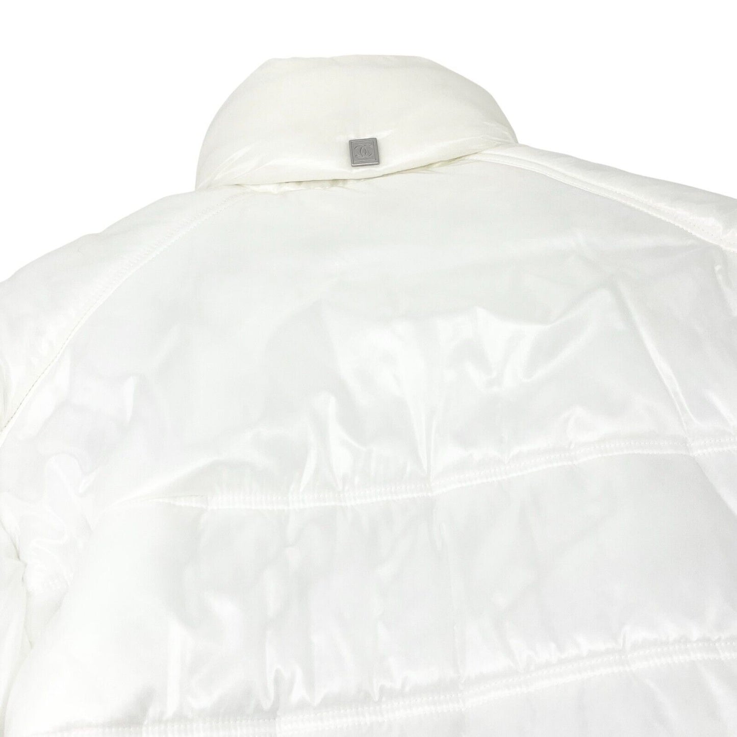 CHANEL Sport Vintage 03A CC Logo Puffer Jacket #38 Zip Button White Polyamide