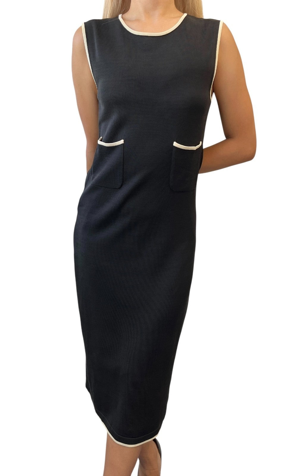 CHANEL Vintage 96C CC Mark Button Long One-piece Dress #40 Black Cream Cotton