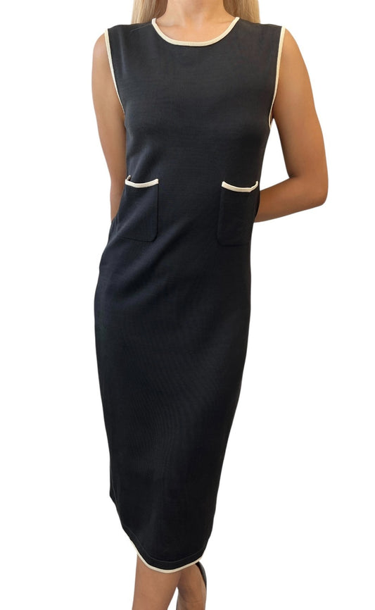 CHANEL Vintage 96C CC Mark Button Long One-piece Dress #40 Black Cream Cotton