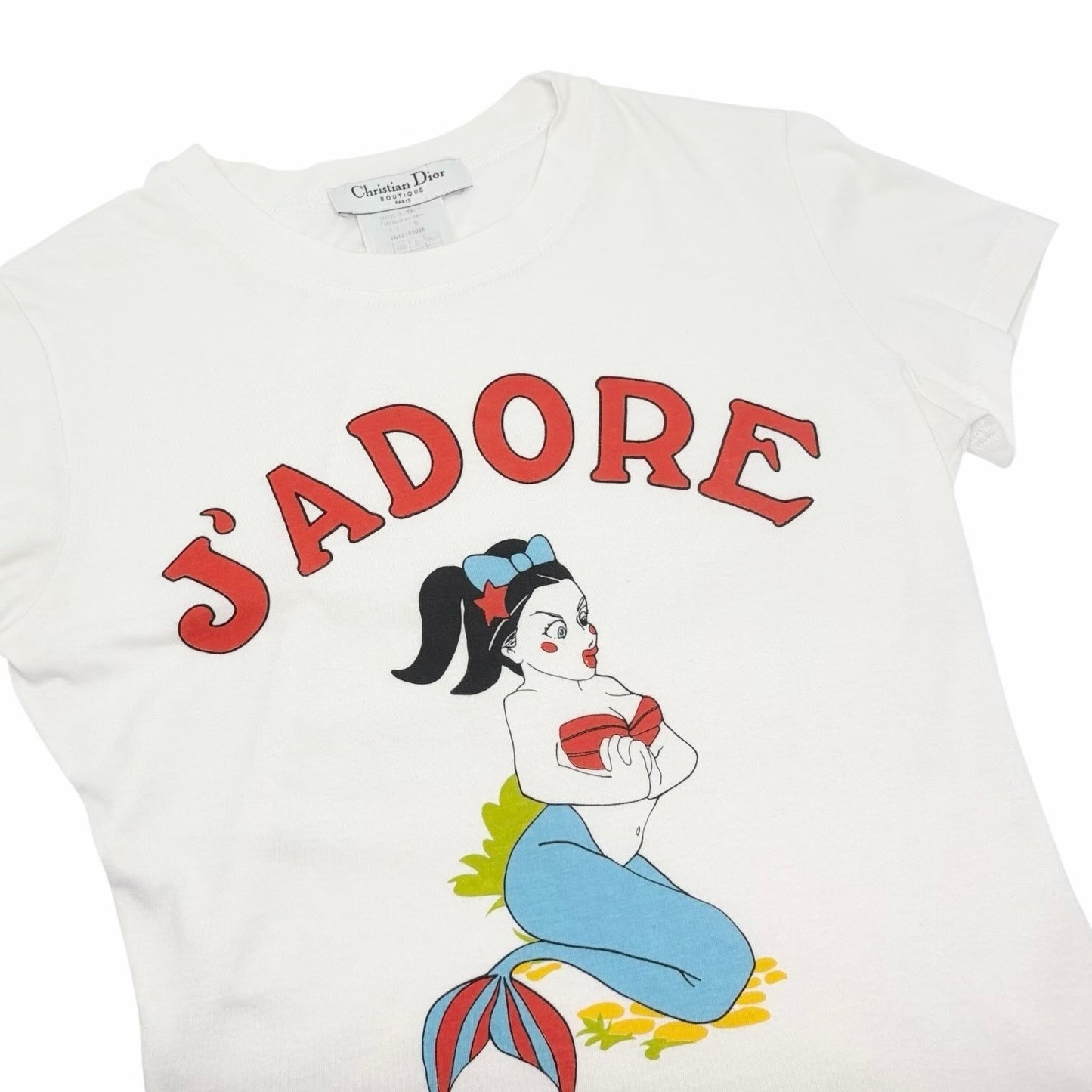 Christian Dior Vintage 2002 J'ADORE Logo Cartoon T-shirt Top #38 White 902450