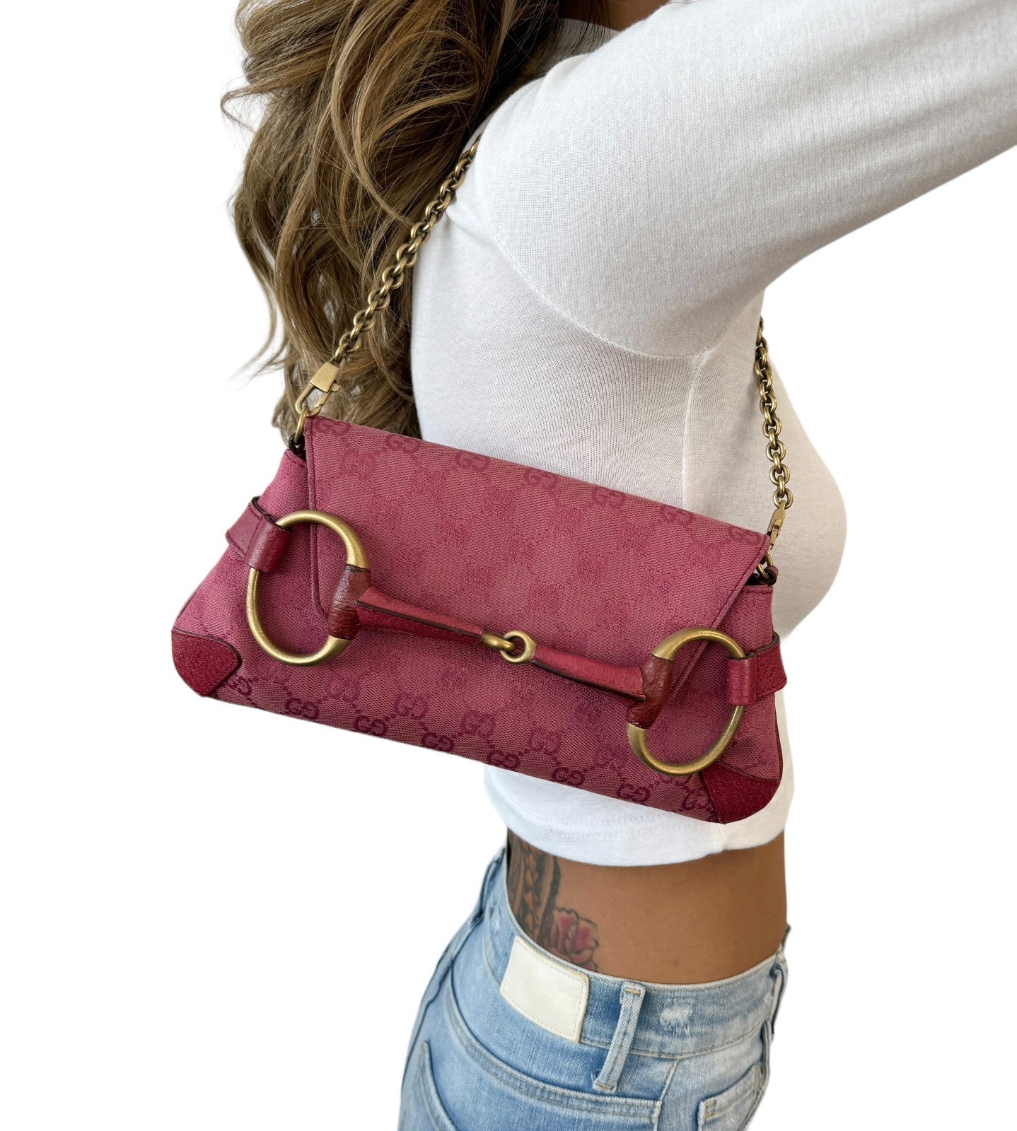GUCCI Vintage GG Monogram Horsebit Chain Shoulder Bag Pochette Pink 901818