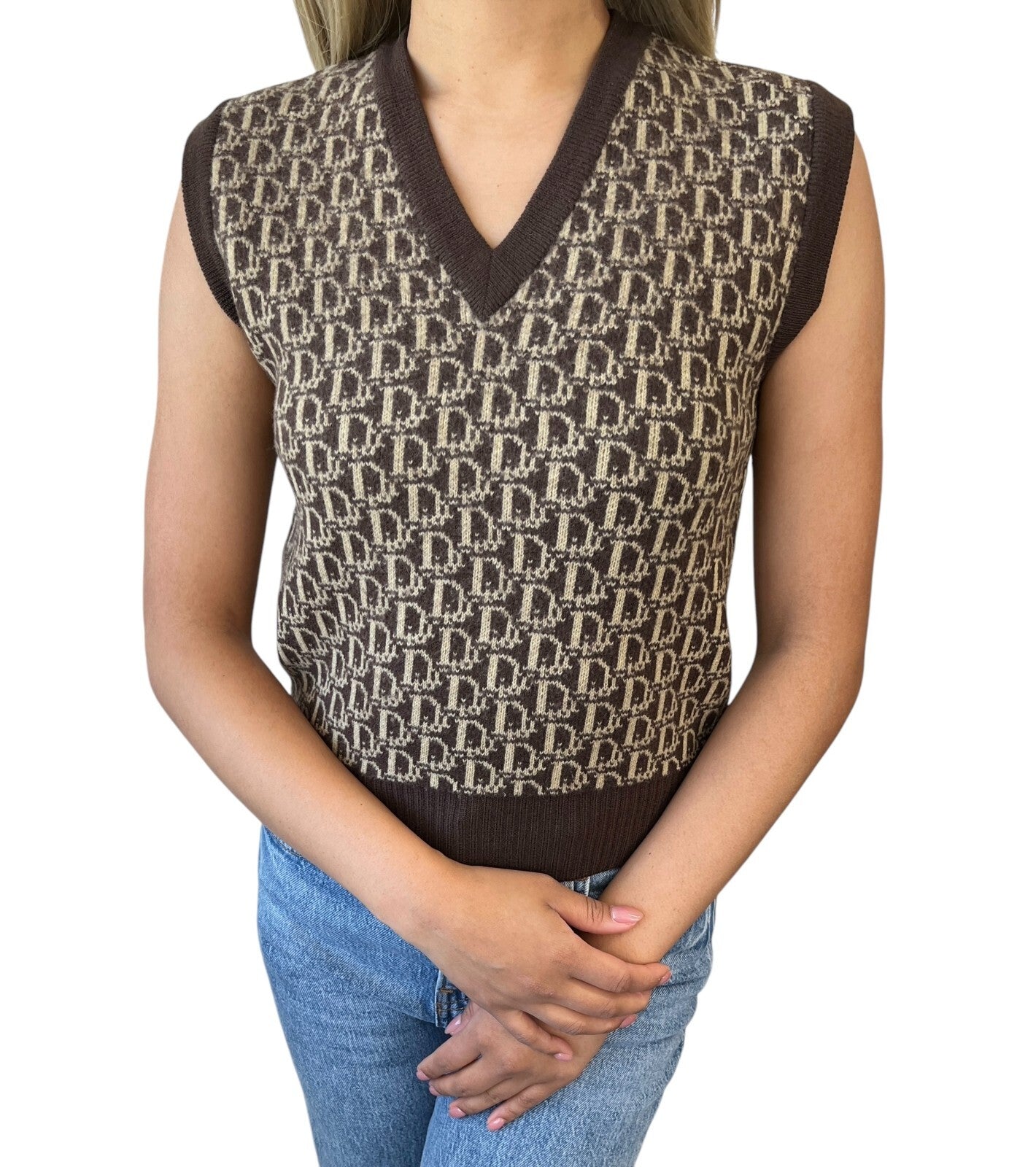Christian Dior Vintage Trotter Monogram Logo Knit Vest V-neck Brown Beige Wool