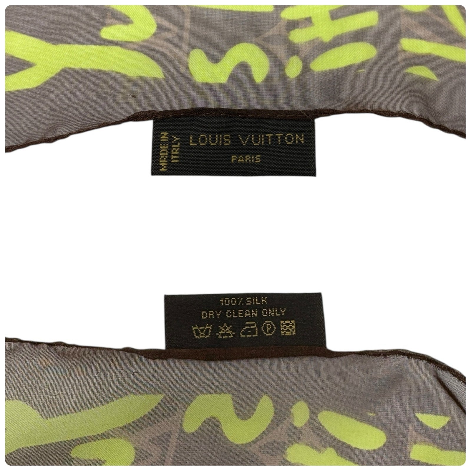 LOUIS VUITTON Vintage LV Monogram Logo Graffiti Scarf Green Brown Silk
