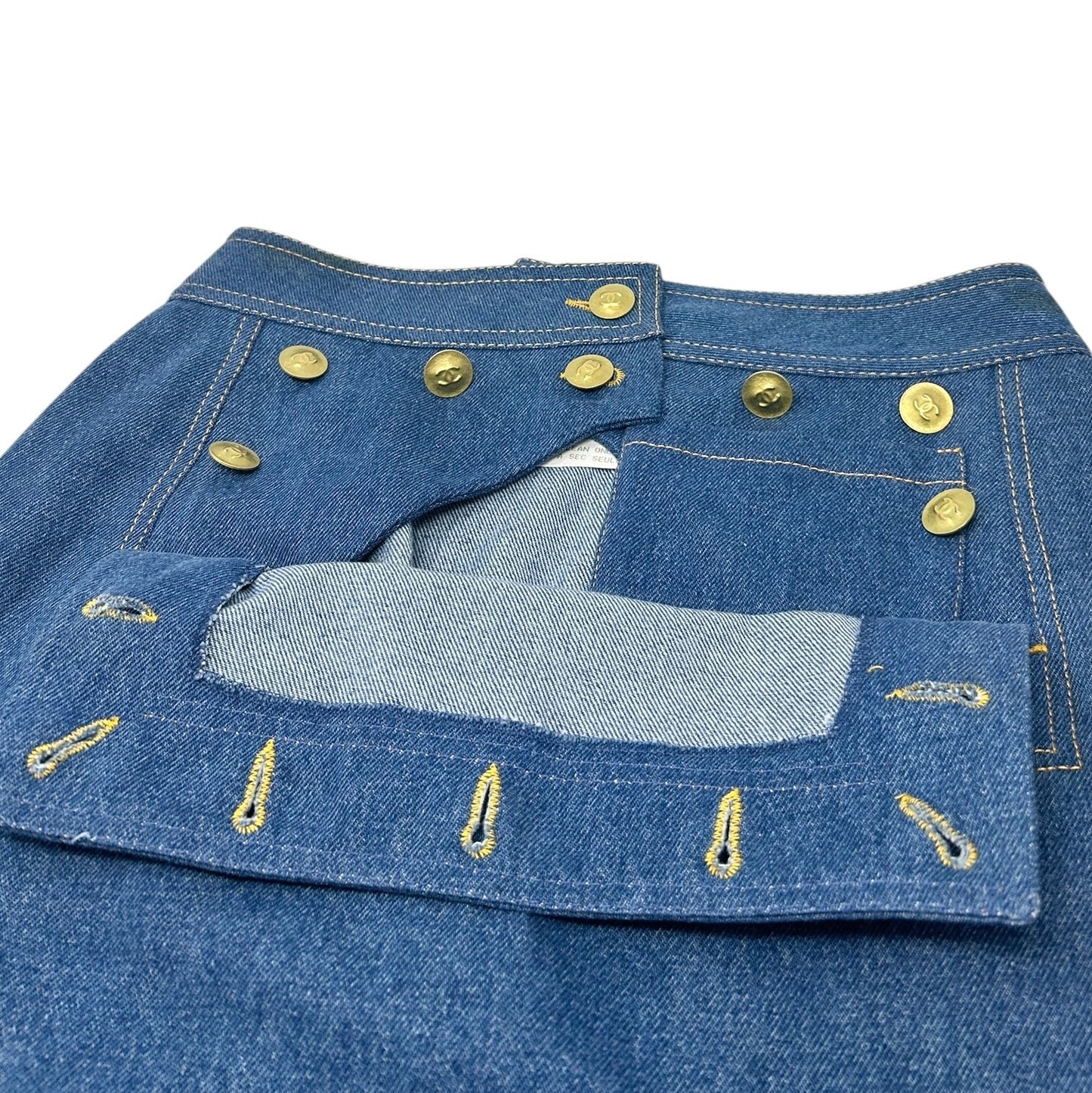 CHANEL Vintage P03207 CC Mark Logo Denim Skirt #36 Blue Gold Cotton Button