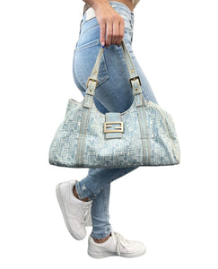 FENDI Vintage Zucca Monogram FF Logo Denim Shoulder Bag Light Blue Rank AB