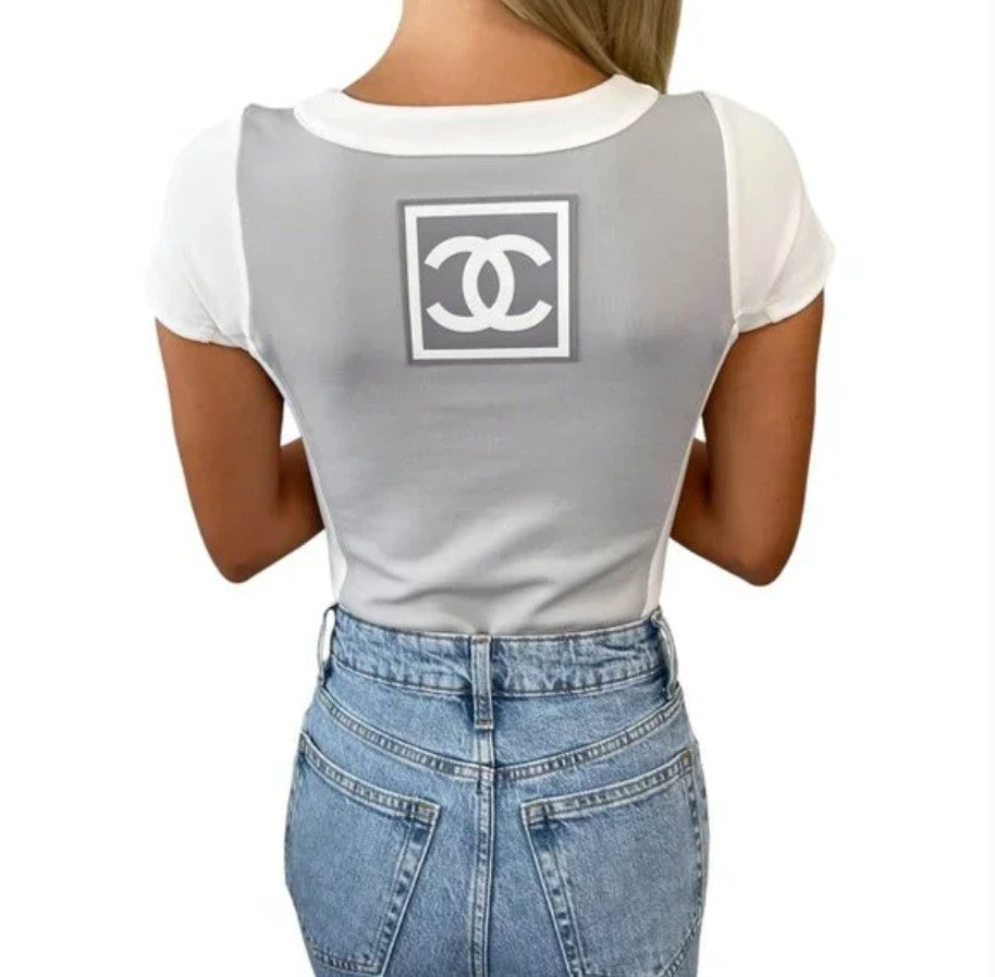 CHANEL Sport Vintage 01P CC Rompers One Piece #34 Zip Gray White Nylon