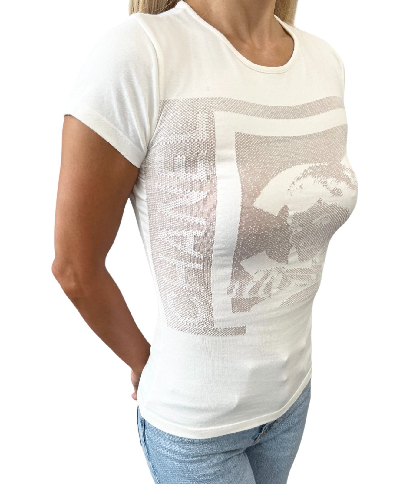 CHANEL Sport Vintage 06P Logo Mademoiselle T-shirt Top #38 Cream White Cotton