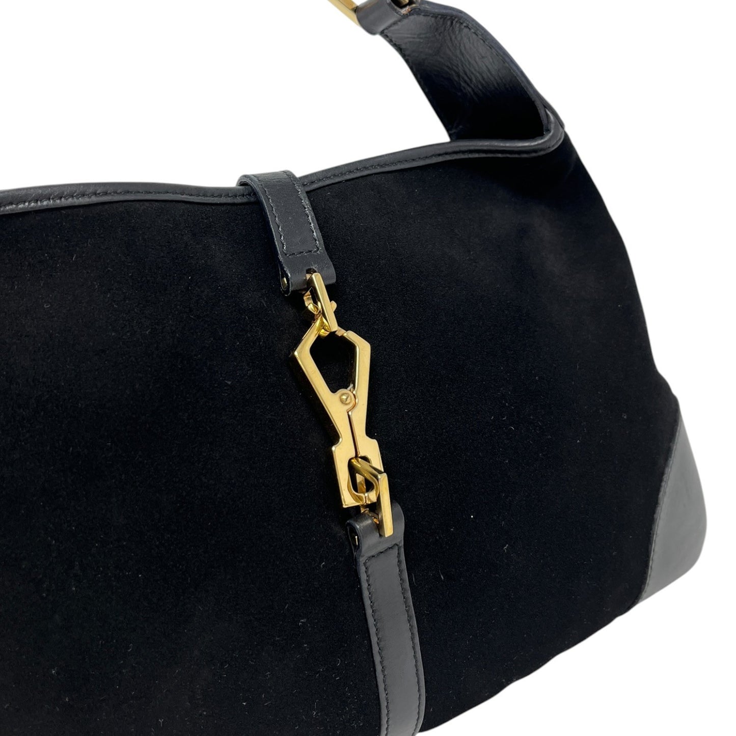 Gucci Vintage Bamboo Top Hobo Shoulder Bag Black Gold Suede Leather 106544