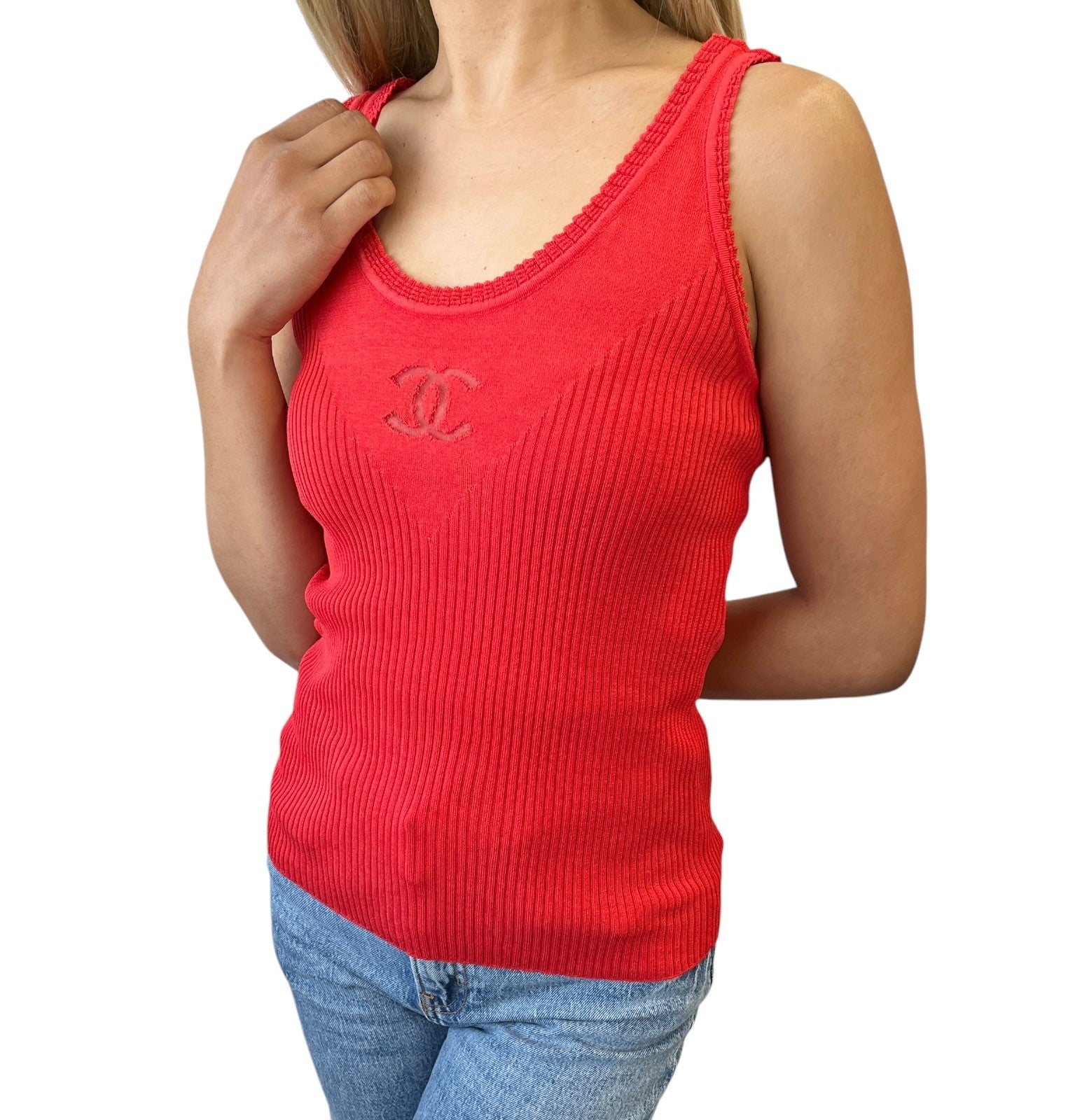 CHANEL Vintage P37822 See-through CC Logo Rib Knit Tank Top Red Cotton Silk